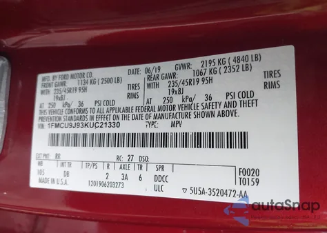 2019 Ford Escape Titanium from USA, damaged, VIN 1FMCU9J93KUC21330